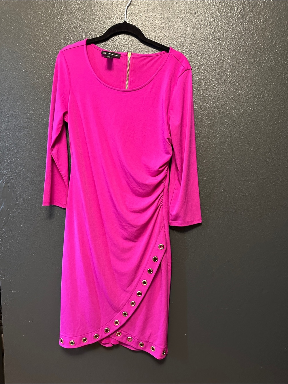 INC International Concepts Hot Pink Ruched Eyelet-Trim Long Sleeve Dress